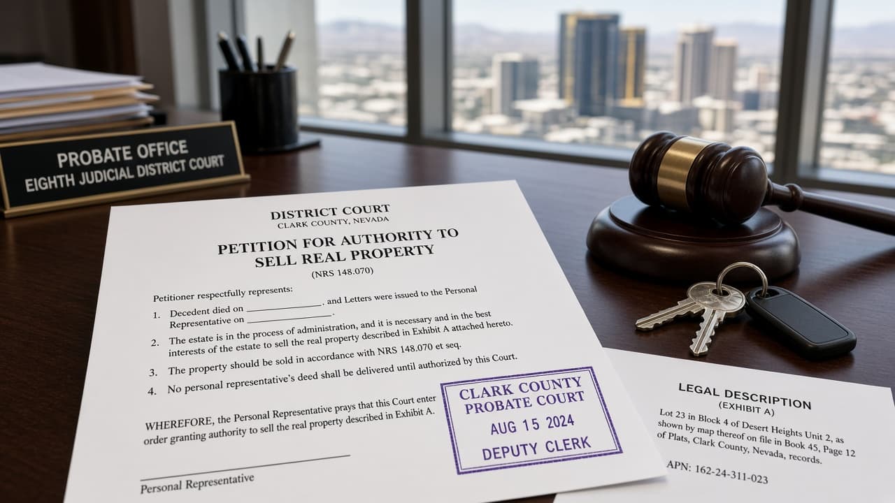 Clark County petition for authority to sell real property with gavel and house keys overlooking Las Vegas