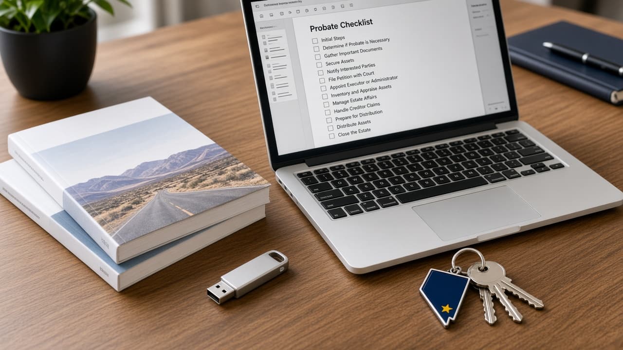 Downloadable Nevada probate guides, checklist PDF, and Las Vegas home keys on an office desk