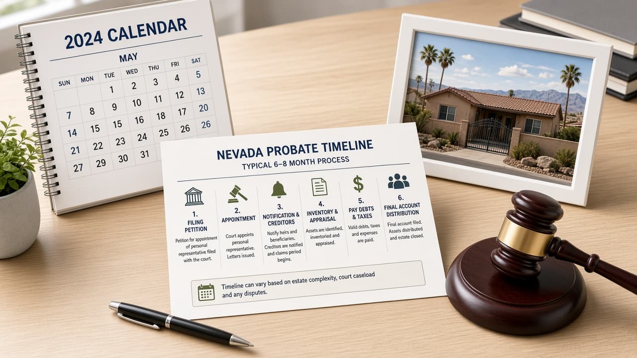 Nevada probate timeline calendar and Clark County court documents on a Las Vegas desk