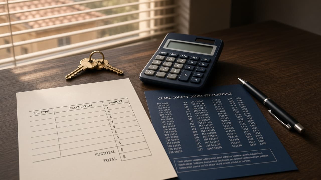 Nevada probate cost calculator worksheet, court fee schedule, and house keys on a Las Vegas desk