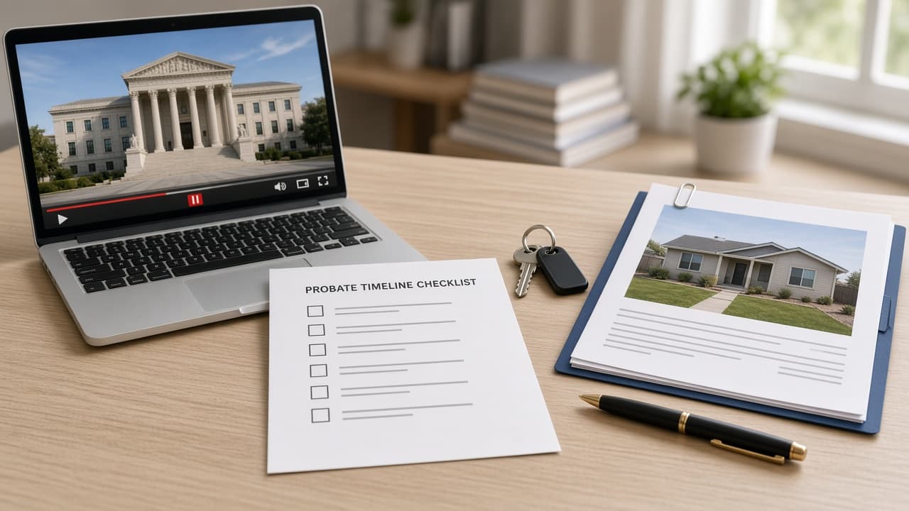 Probate real estate education desk with video lesson, timeline checklist, and Las Vegas listing packet