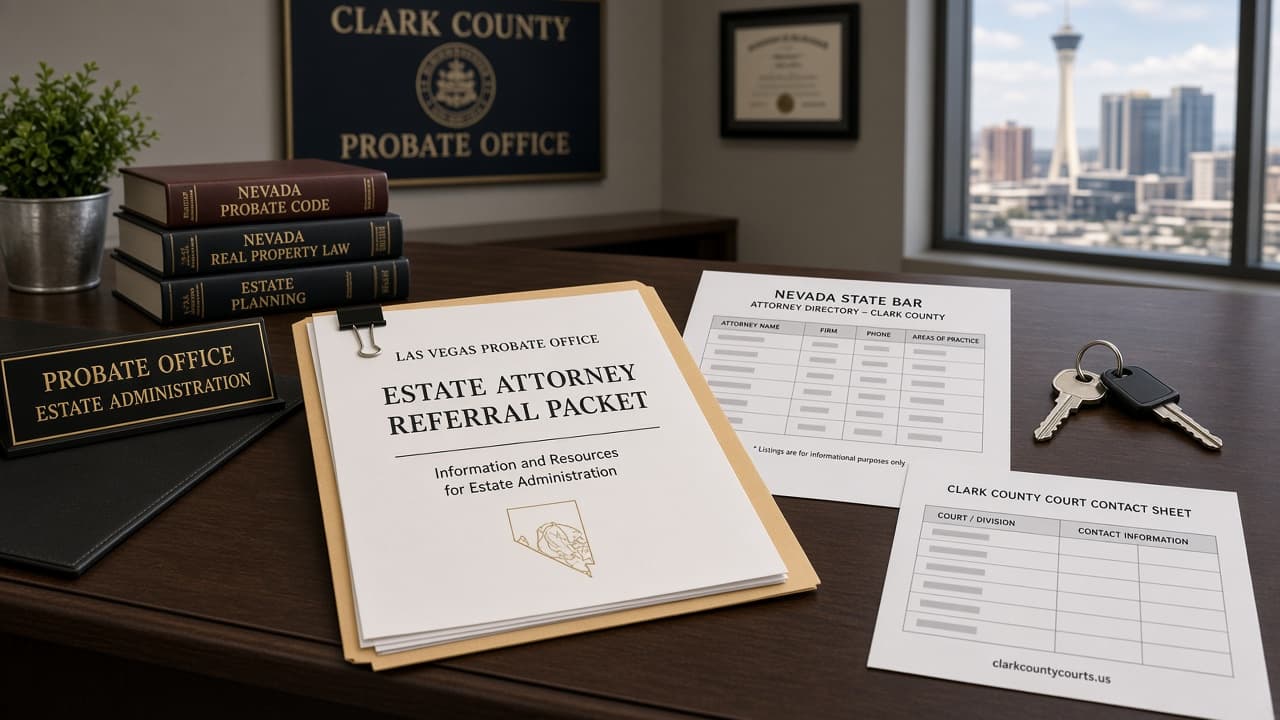Estate attorney referral packet, Nevada code books, and Clark County court contact sheet in a Las Vegas office