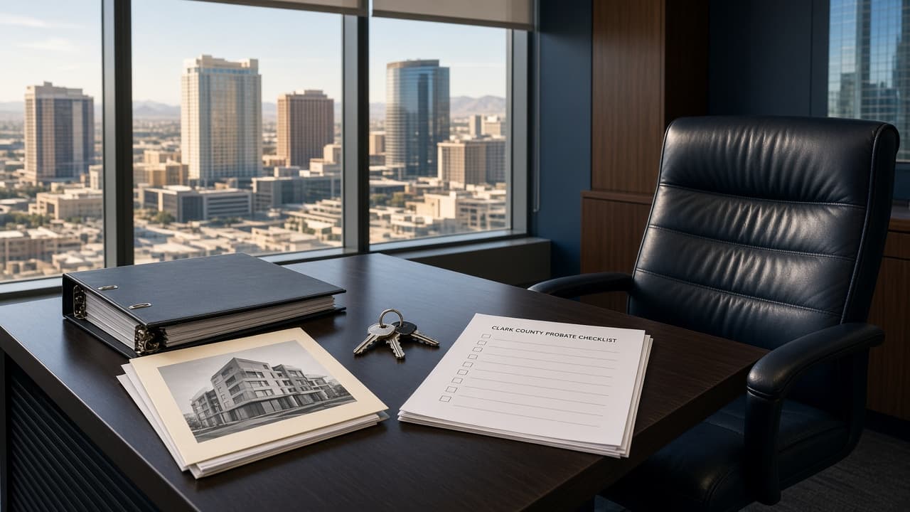 Executor property consulting binder, listing packet, and Clark County checklist in a downtown Las Vegas office
