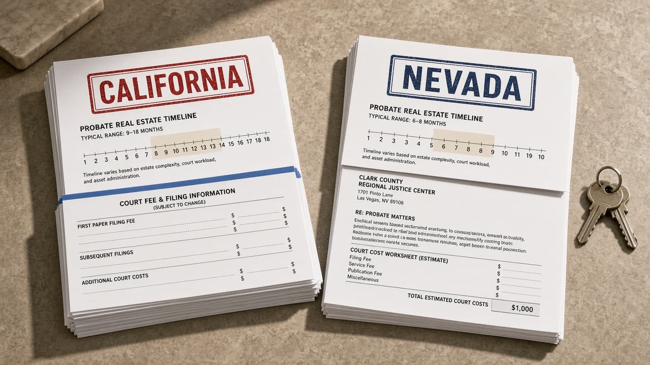Nevada and California probate timeline packets compared on a Las Vegas desk with house keys