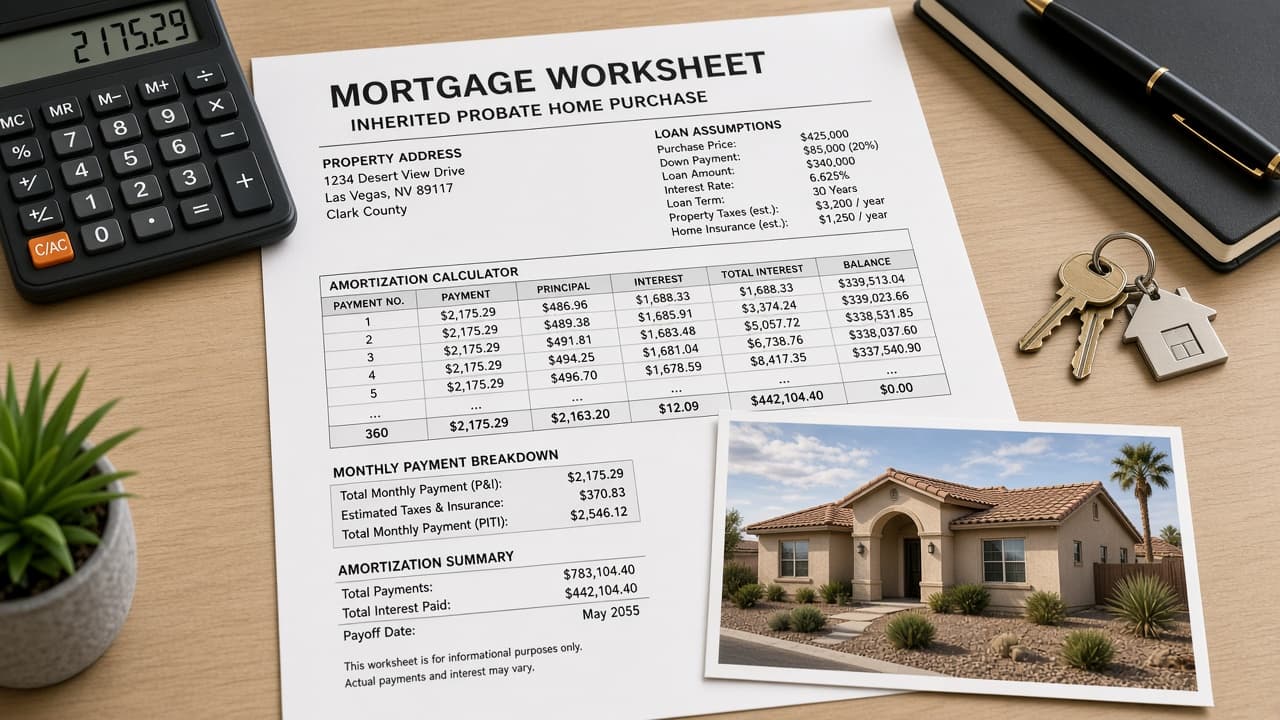 Mortgage worksheet for an inherited Las Vegas probate home with calculator, keys, and stucco house photo