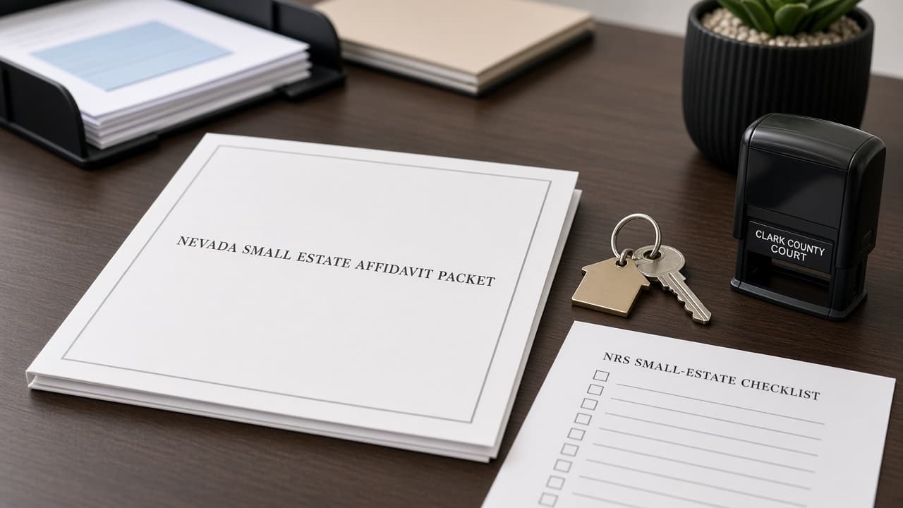Nevada small estate affidavit packet, house keys, and Clark County court stamp on a Las Vegas desk