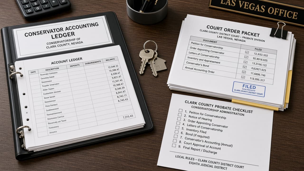Conservator accounting ledger, Clark County court order packet, and probate checklist on a Las Vegas desk