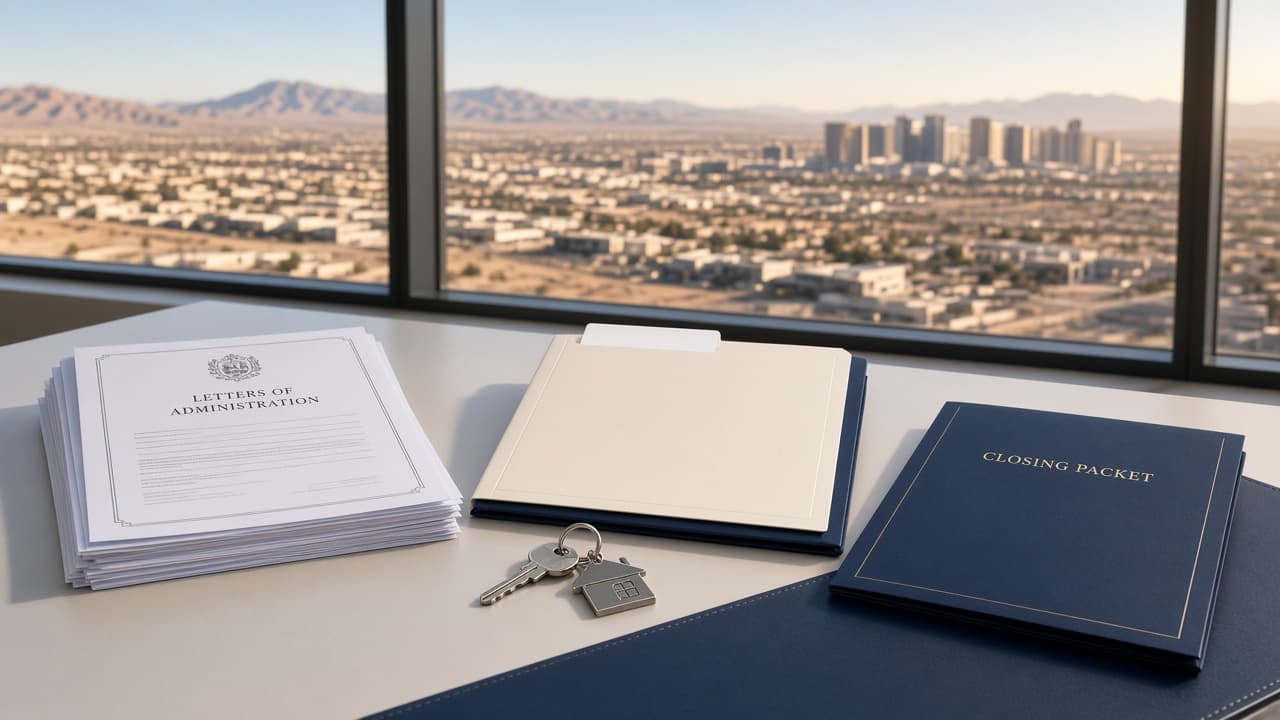 Independent administration closing packet, Letters of Administration, and house keys on a Las Vegas office desk